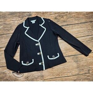 Exclusively Misook Women XS Black White Trim Cardigan Sweater Golden Button EUC